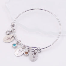 Load image into Gallery viewer, Birth Month Flower - Silver tone Bangle Bracelt