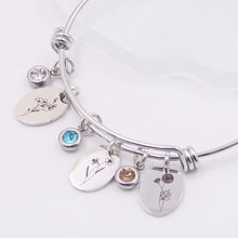 Load image into Gallery viewer, Birth Month Flower - Silver tone Bangle Bracelt