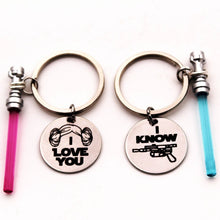 Load image into Gallery viewer, I Love You I Know Star Wars Couples Key Chain-Light Saber Keychain-Star Wars Themed Han Solo Star Wars Gift. (Front Engraving only)
