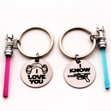 Load image into Gallery viewer, I Love You I Know Star Wars Couples Key Chain - Light Saber Keychain-Star Wars Themed Han Solo Star Wars Gift. (With Back Engraving)
